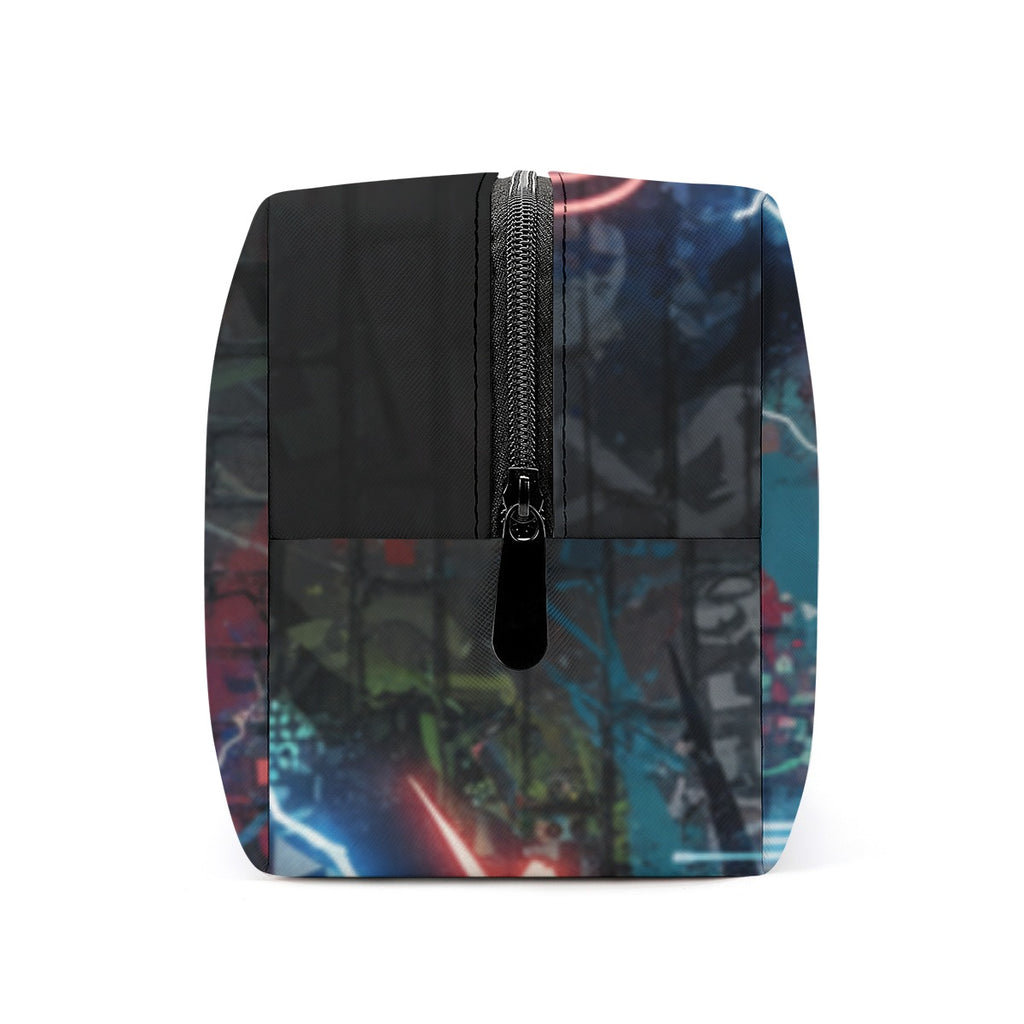 Borsa cosmetici in PU con zip nera centrale, stampa tecnologica multicolore