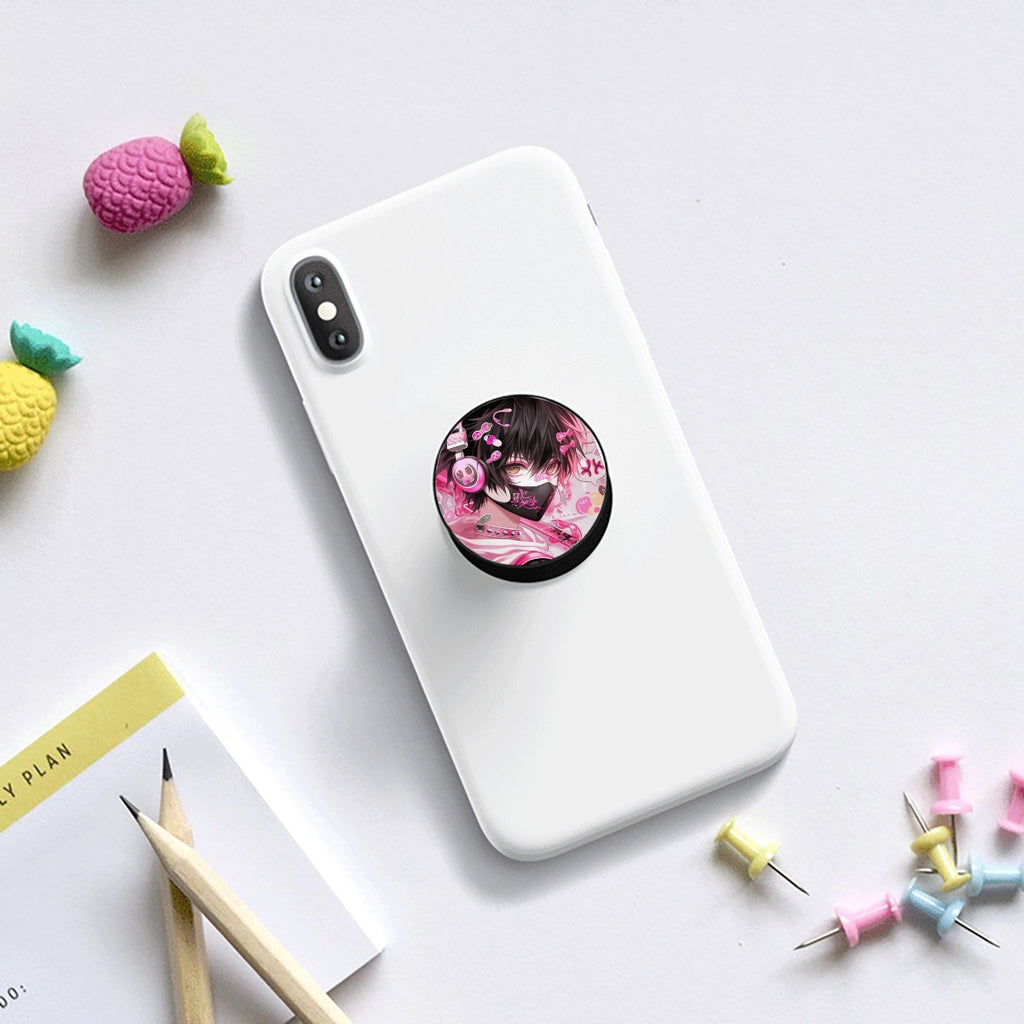 Supporto Airbag per smartphone bianco con disco rotondo anime rosa e nero