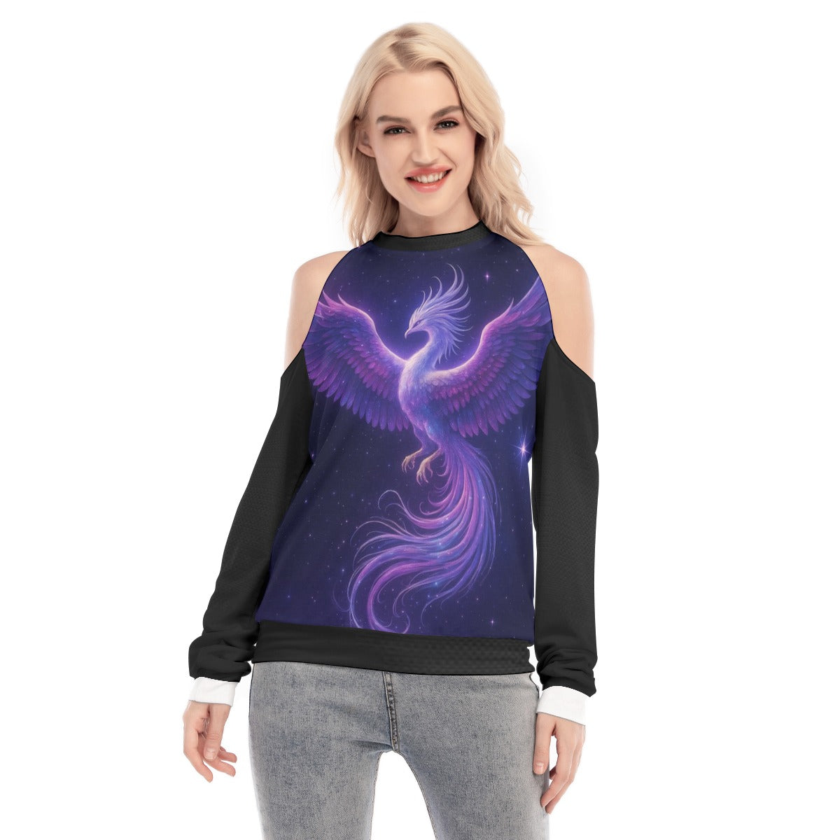 Felpa da donna senza spalline con stampa fenice viola, maniche nere, spalle scoperte