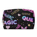 Borsa cosmetici in similpelle nera con stampa “Magic Shine”, cuori e zip superiore