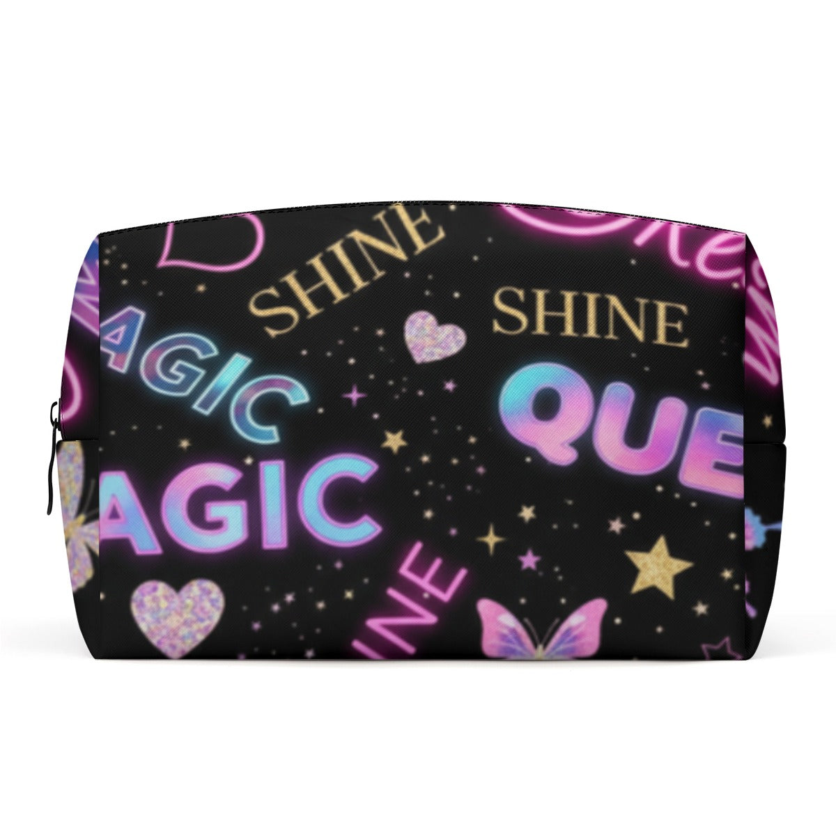Borsa cosmetici in similpelle nera con stampa “Magic Shine”, cuori e zip superiore