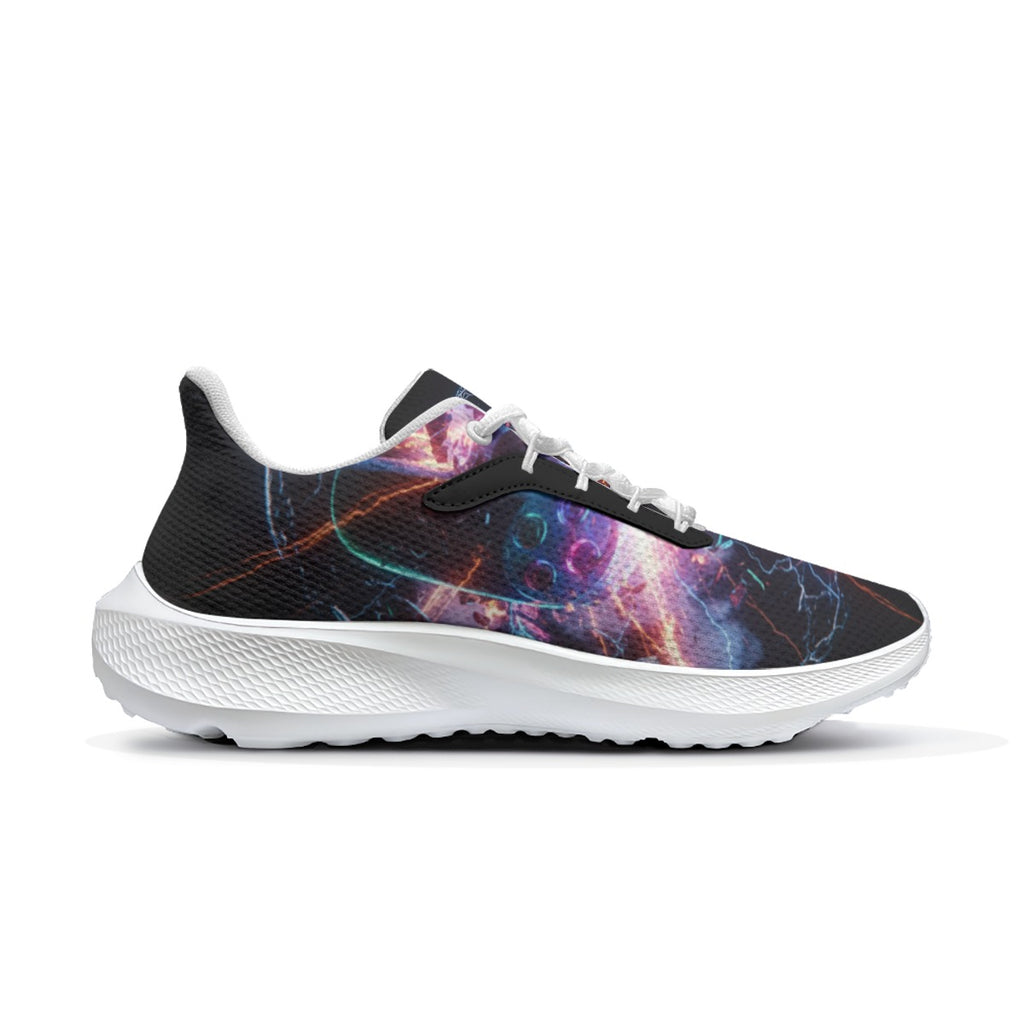 Scarpe da running uomo nere con motivo fulmini multicolore, profilo laterale, lacci bianchi