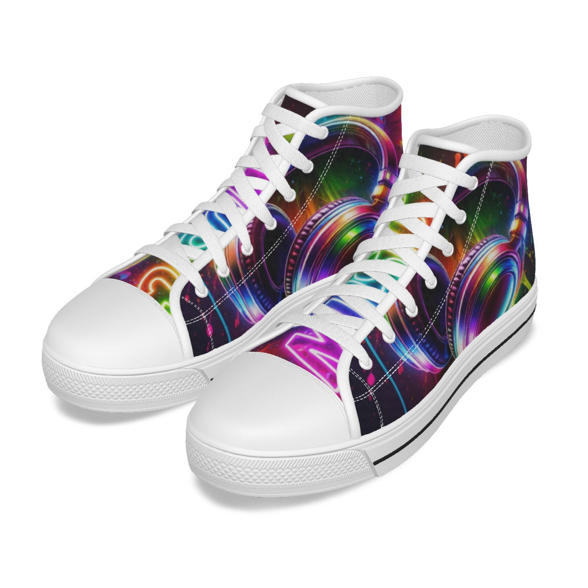 Scarpe canvas bambino con lacci bianchi e stampa multicolore, punta bianca e suola.