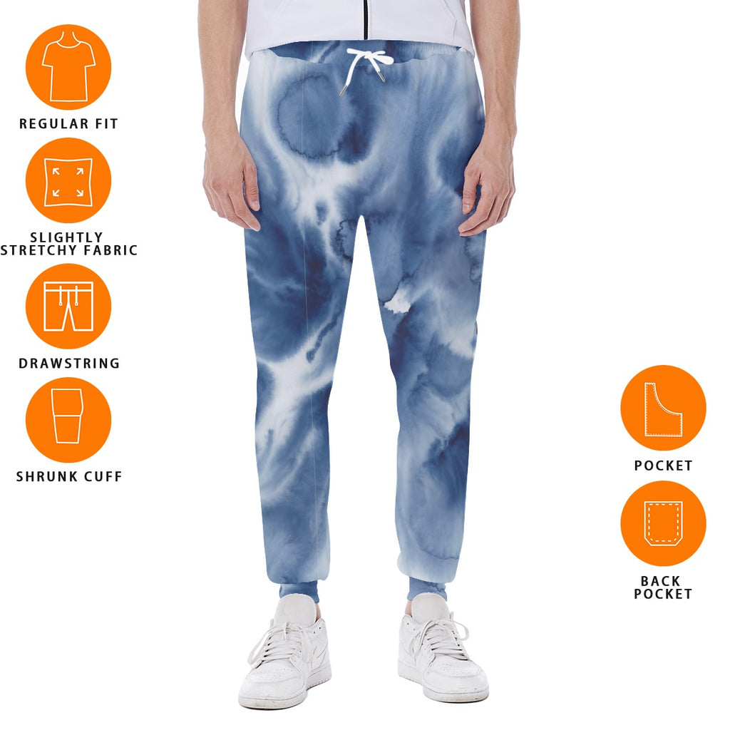 Pantaloni uomo blu con coulisse, polsino elasticizzato, tasche davanti e dietro.