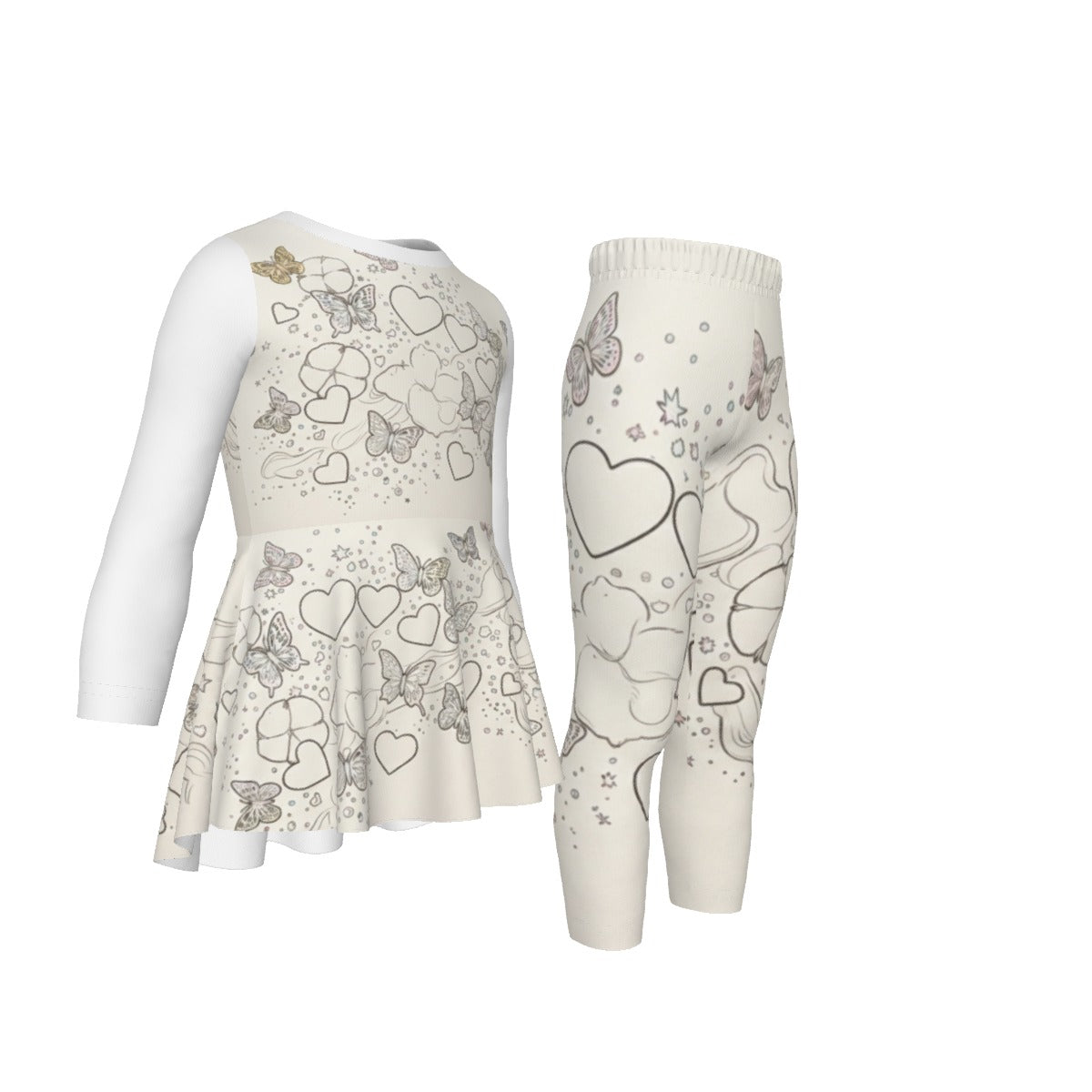 Tuta bambina bianca indossata: vestito svasato e leggings con cuori e farfalle