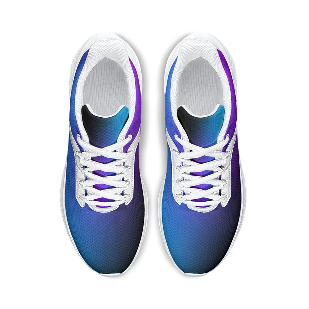 Scarpe running donna con tomaia viola e blu, fodera chiara, lacci bianchi.