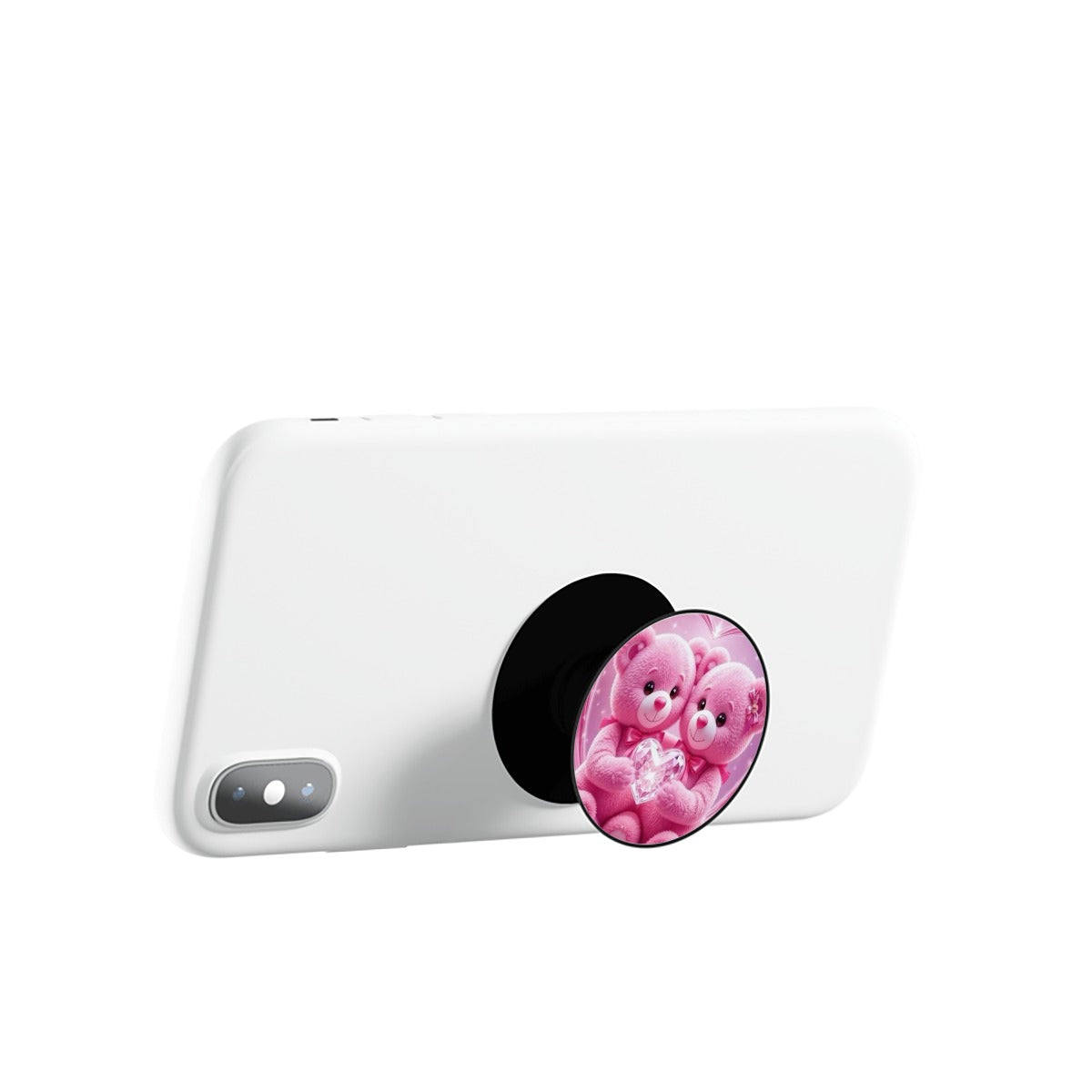 Supporto per telefono bianco con tasto circolare nero e rosa con orsetti cartoon