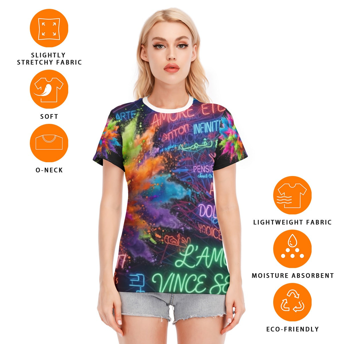 T-shirt donna girocollo a maniche corte, stampa multicolore su fondo scuro