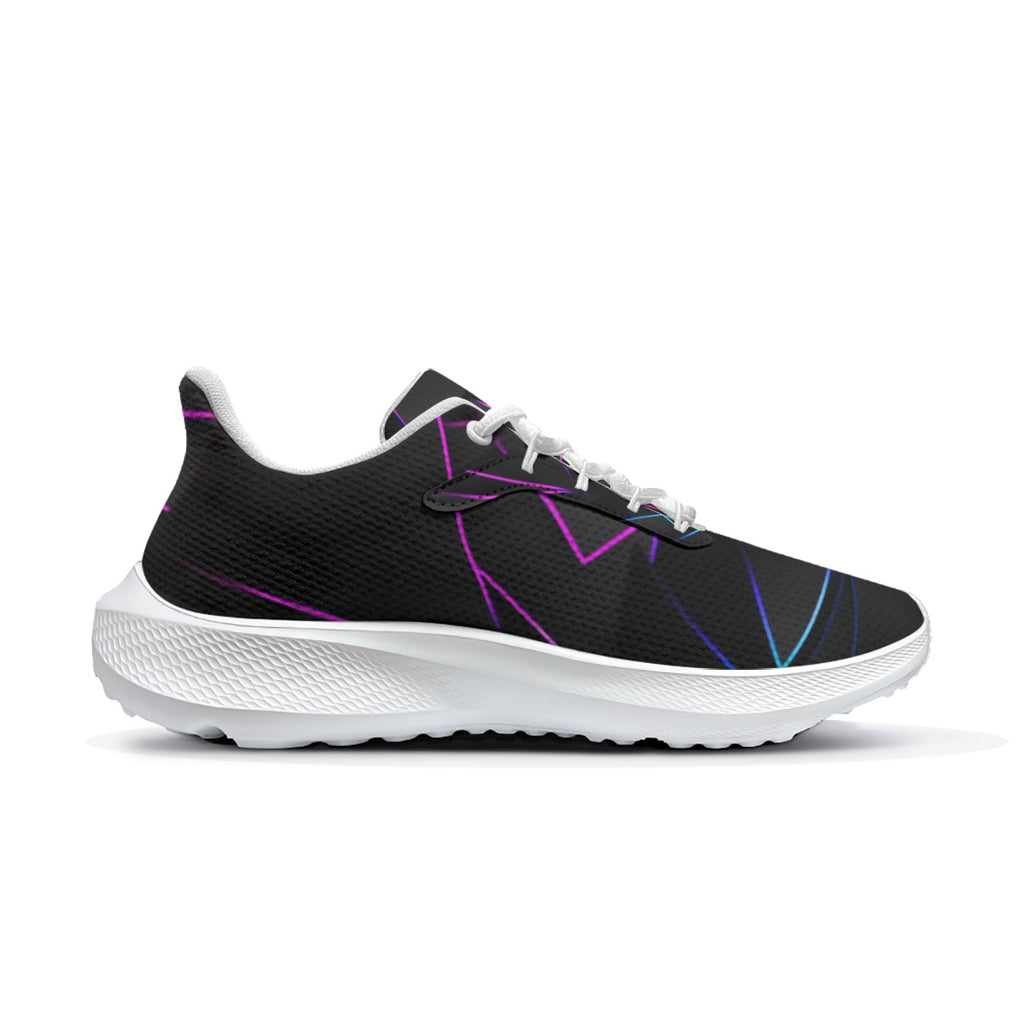 Scarpa da running da uomo nera laterale con inserti viola e blu, suola bianca