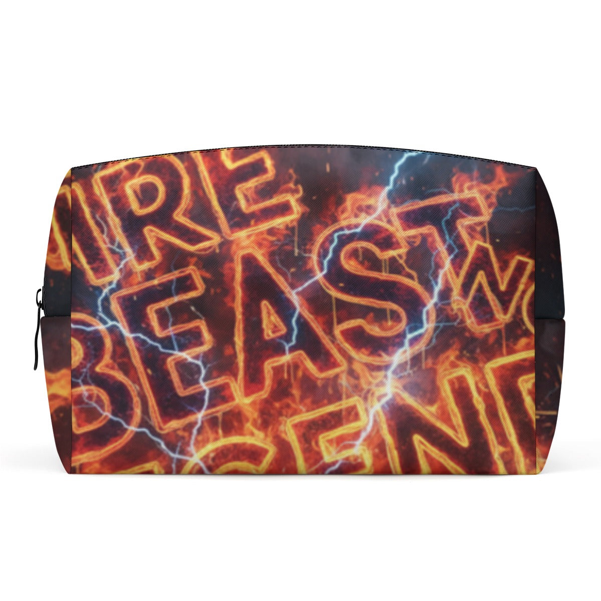 Astuccio cosmetici nero con stampa neon arancione e cerniera