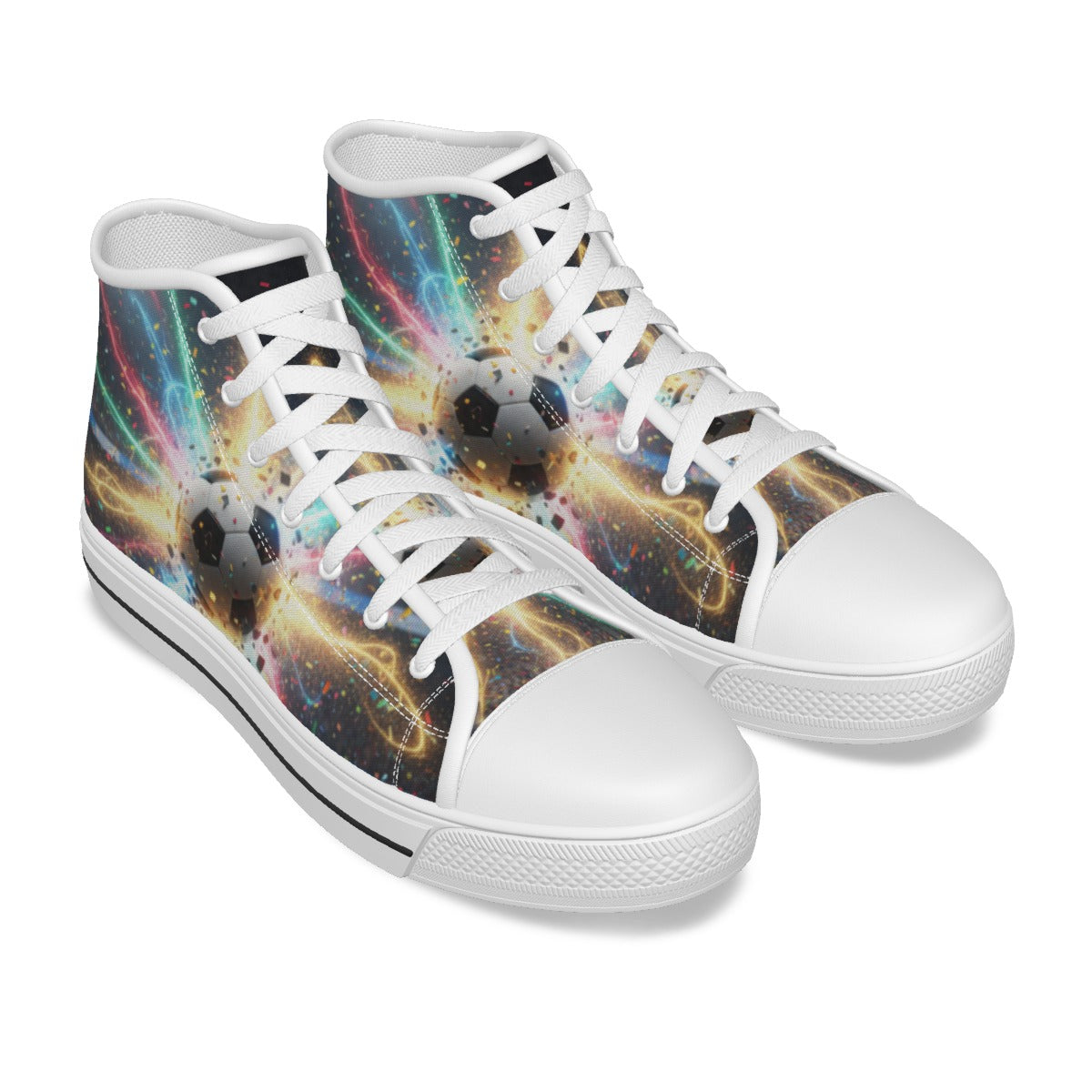 Scarpe da bambino in tela con stampa spaziale multicolore e lacci bianchi, vista laterale