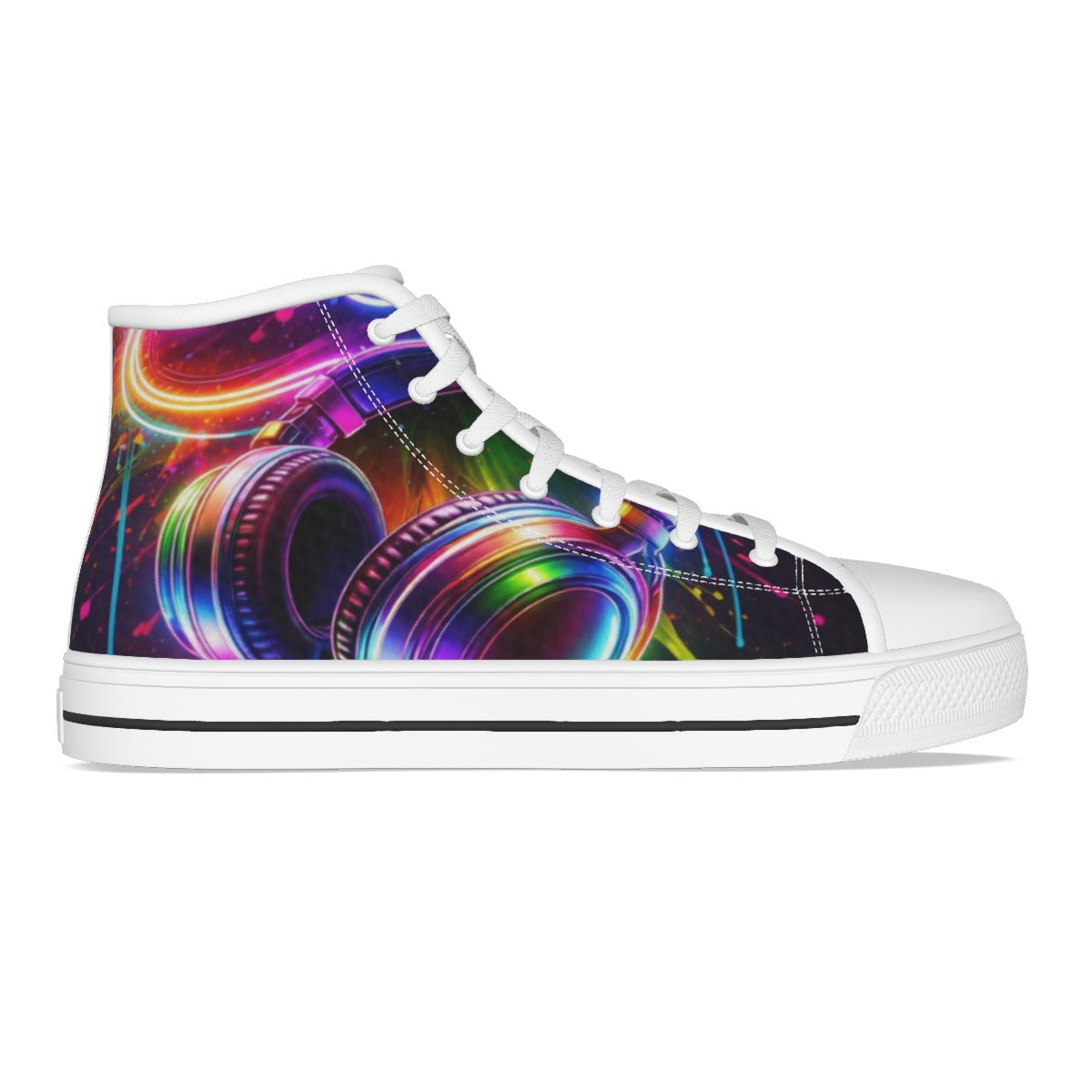 Scarpa canvas bambino nera con stampa arcobaleno e lacci bianchi, suola bianca.