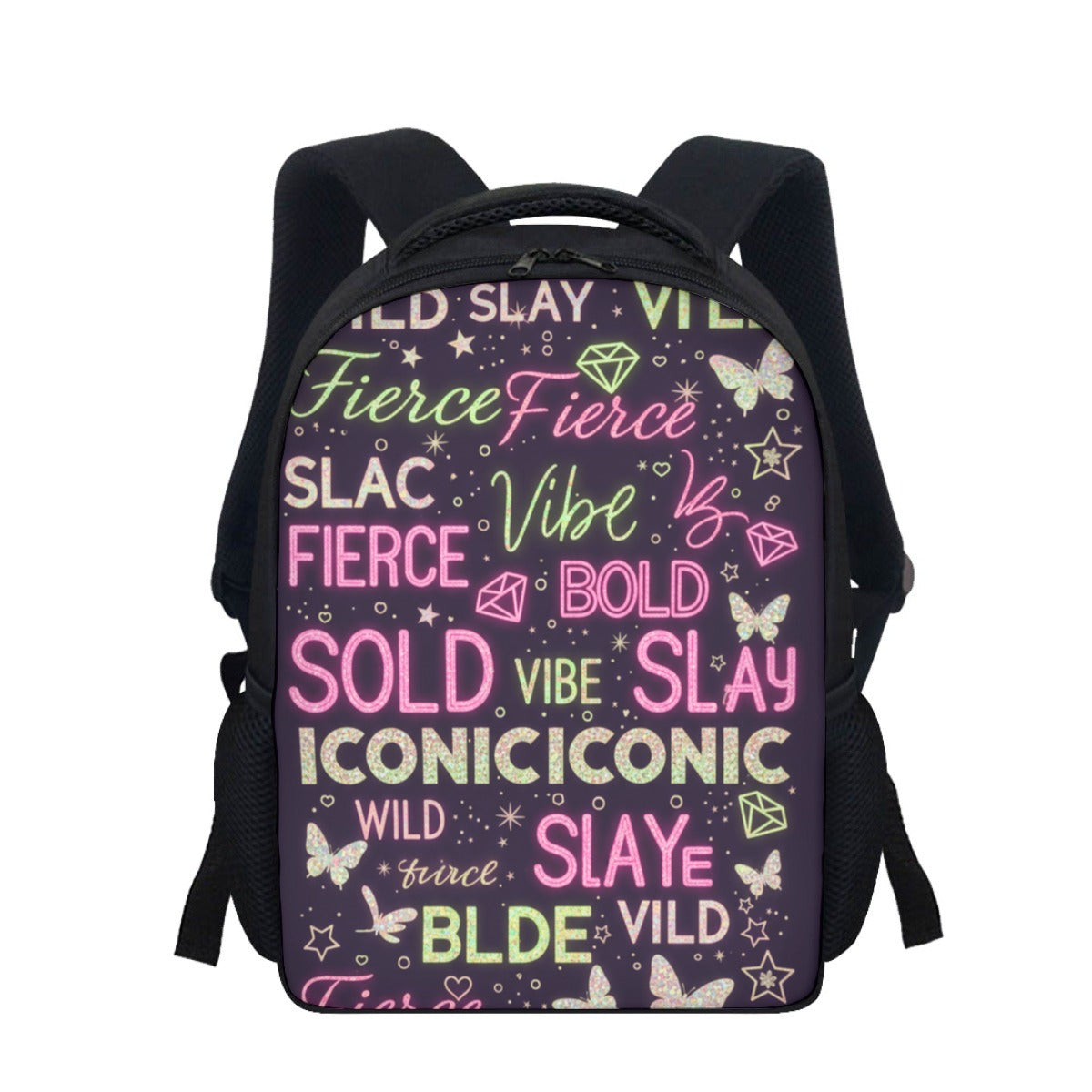 Zaino scolastico nero con grafica frontale colorata e tasca con zip