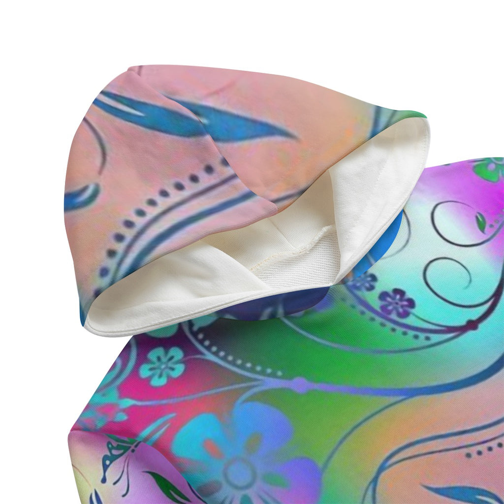 Felpa con cappuccio bambina, interno bianco e stampa multicolore