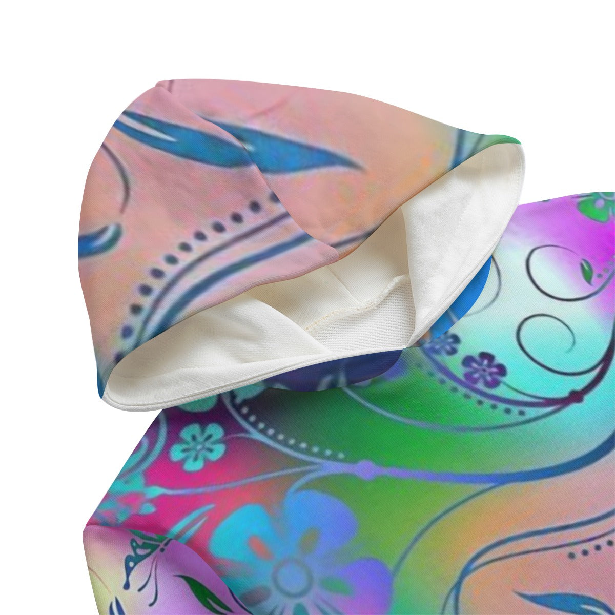 Felpa con cappuccio bambina, interno bianco e stampa multicolore