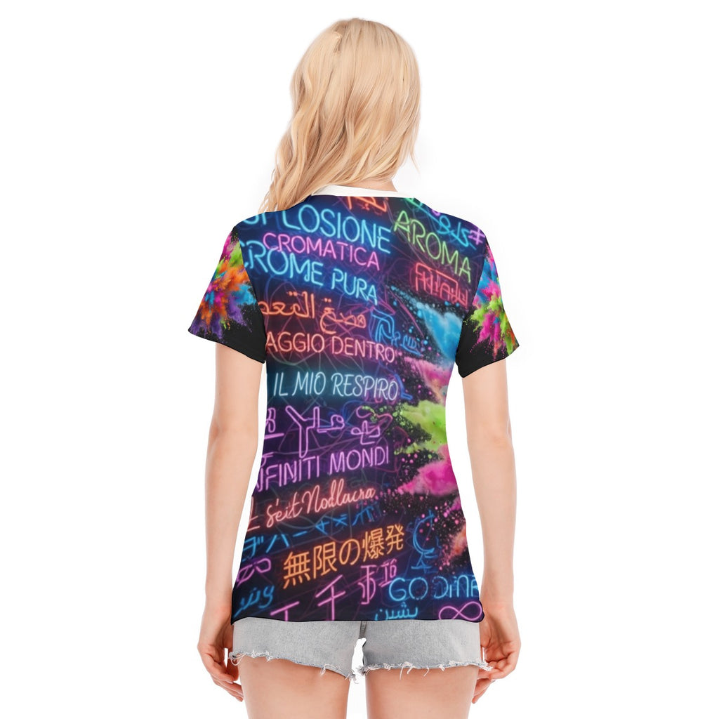 T-shirt donna maniche corte girocollo, vista posteriore con stampa multicolore su fondo scuro