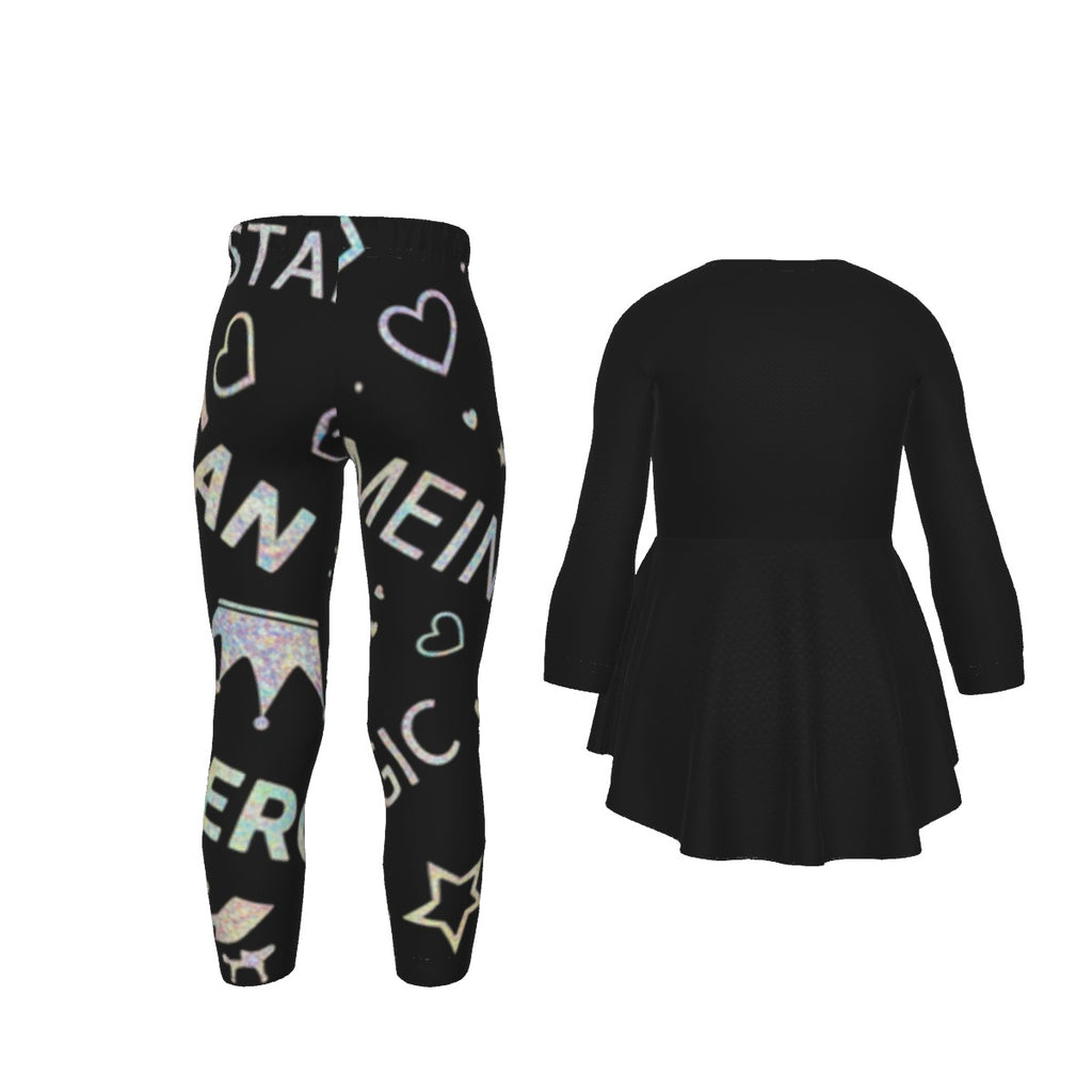 Completo bimba: tunica nera svasata a maniche lunghe e leggings fantasia spaziale.