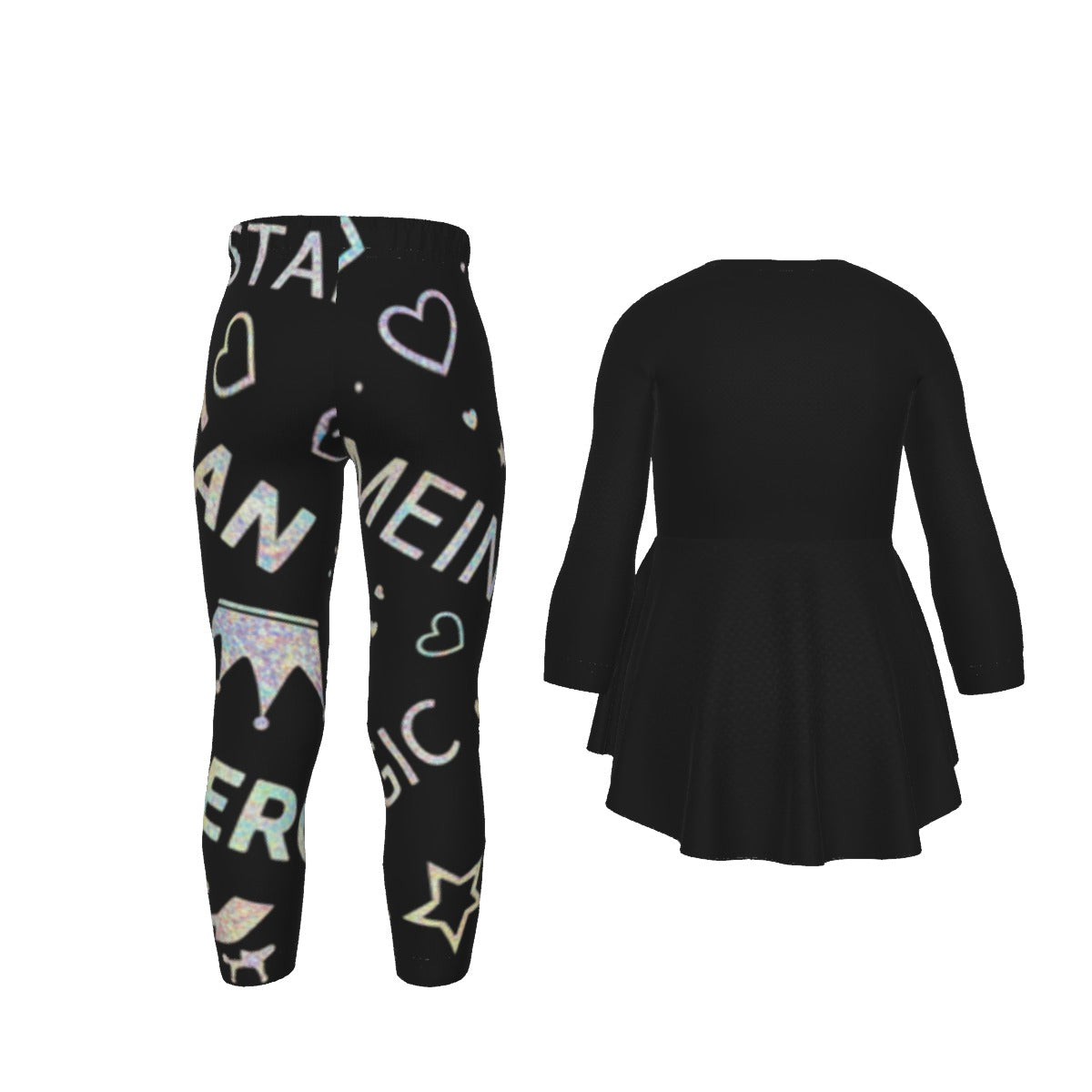 Completo bimba: tunica nera svasata a maniche lunghe e leggings fantasia spaziale.