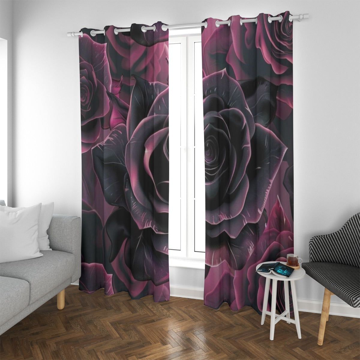Tenda oscurante con occhielli, rose fucsia e grigio scuro su sfondo scuro