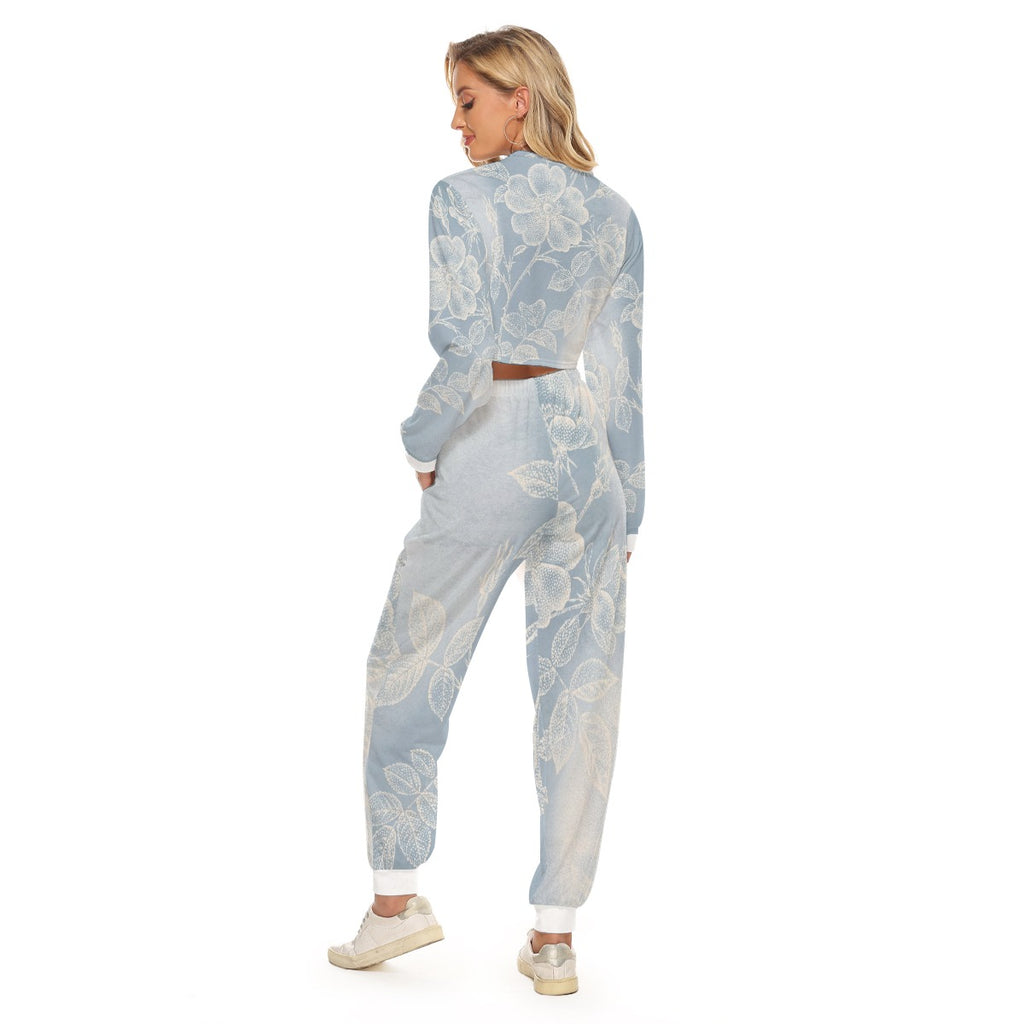 Tuta donna azzurro chiaro a fiori vista posteriore, felpa lunga e pantaloni jogger