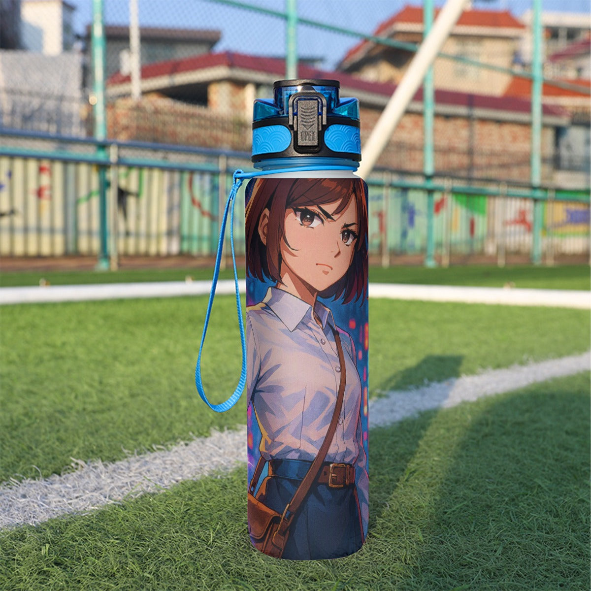 32 oz spor su şişesi; mavi kapak ve boyun askılı, anime karakter baskılı