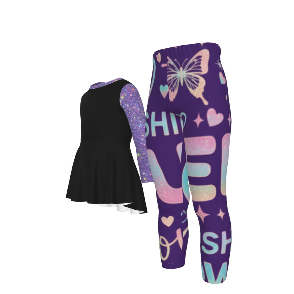 Tuta bambina: vestitino nero con manica viola glitter e leggings viola stampa