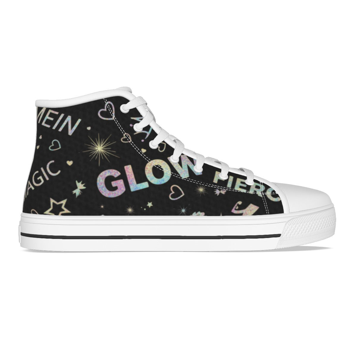 Scarpa da bambina alta in canvas nero con lacci bianchi e scritta multicolore “GLOW”.