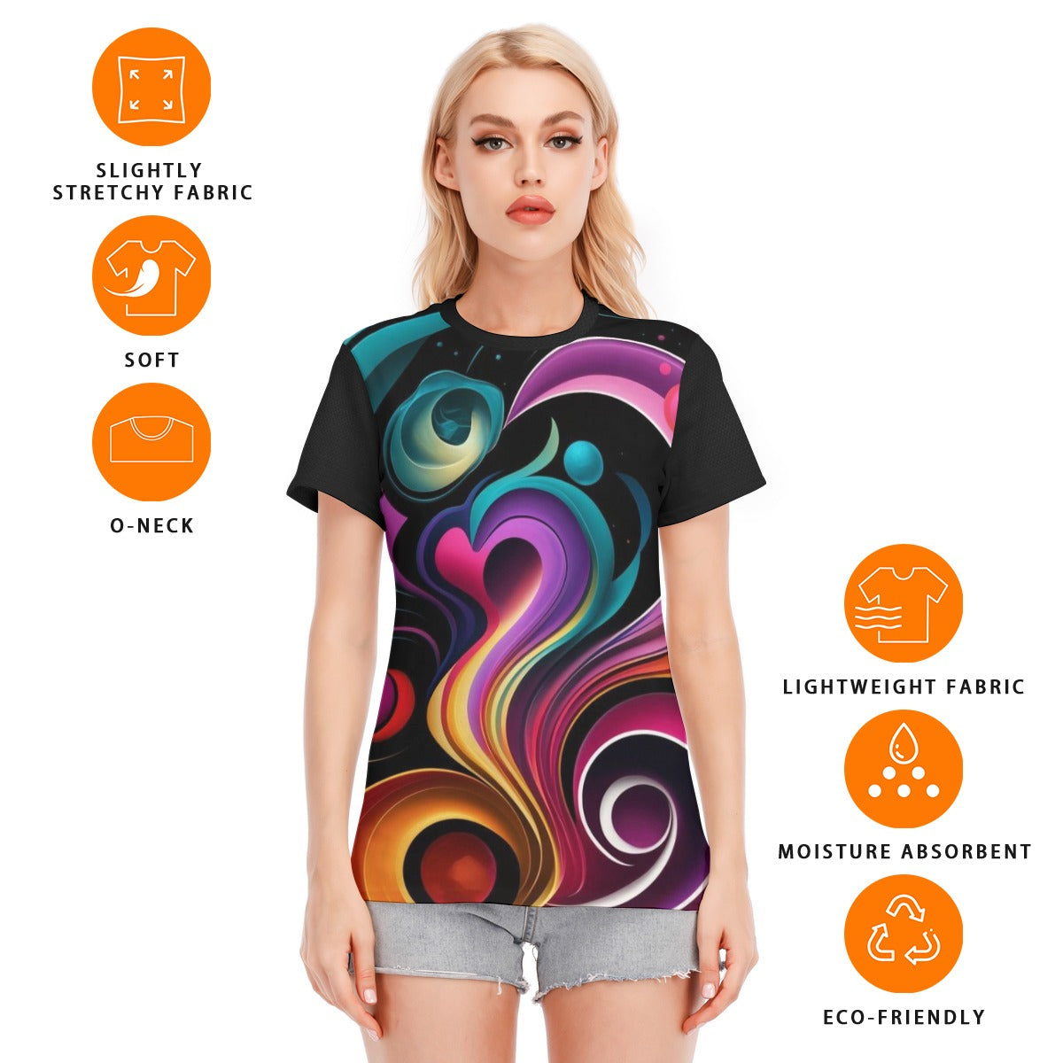 T-shirt donna nera con stampa astratta multicolore, scollo rotondo e maniche corte