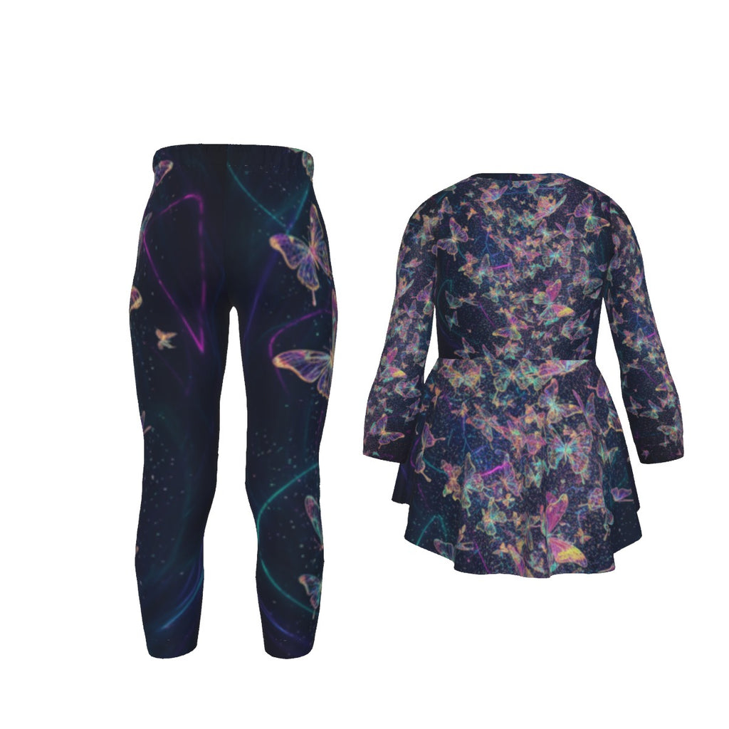 Pantaloni e tunica in tuta bambina con fantasia farfalle multicolore su fondo scuro