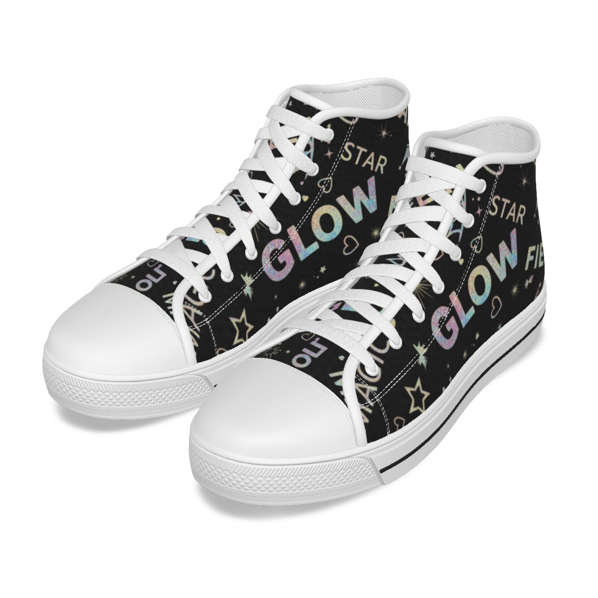 Scarpe da bambina alte in canvas nero, lacci bianchi, suola bianca e stampa “GLOW”.