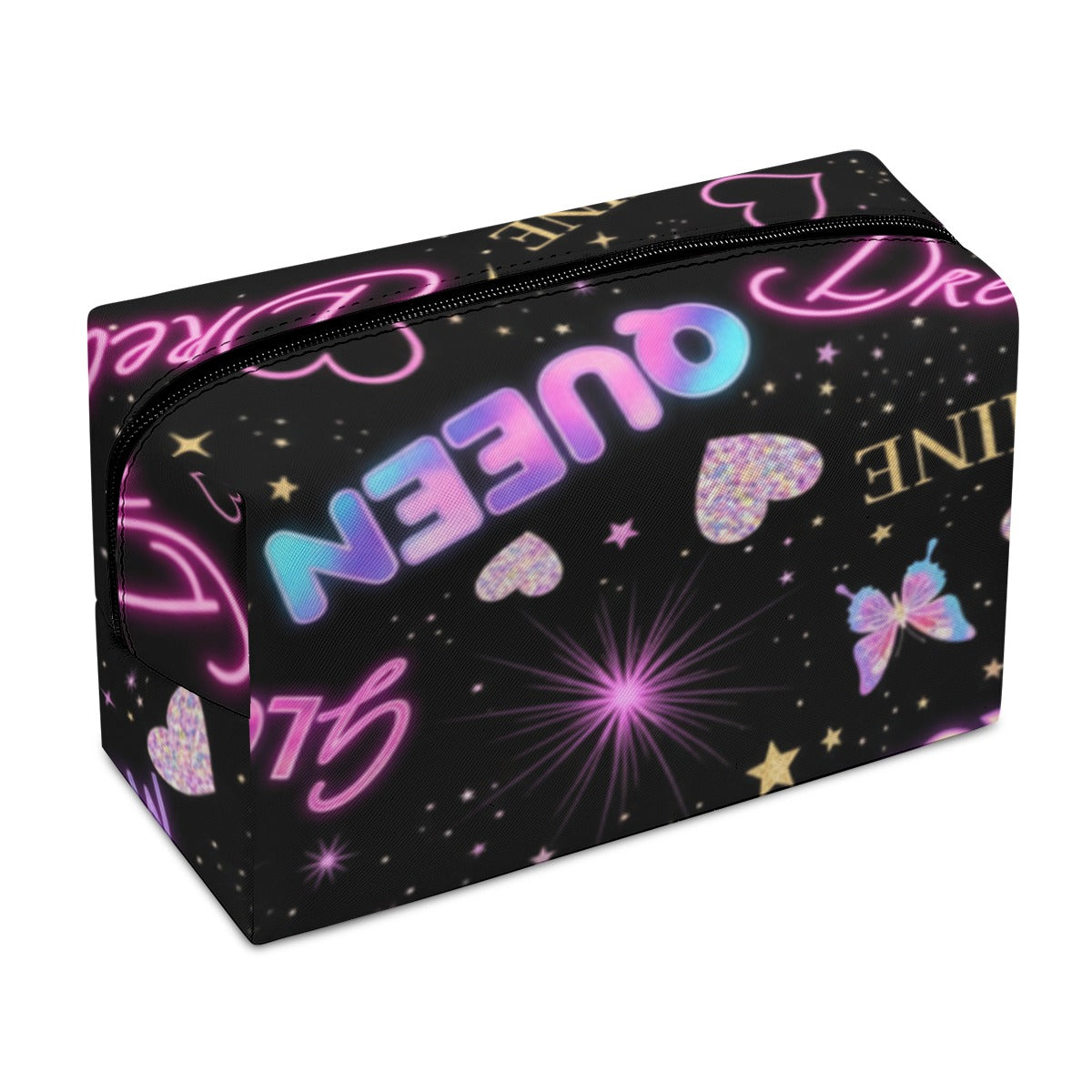 Borsa cosmetici in similpelle nera rettangolare con zip e stampa neon “Neon Shine”