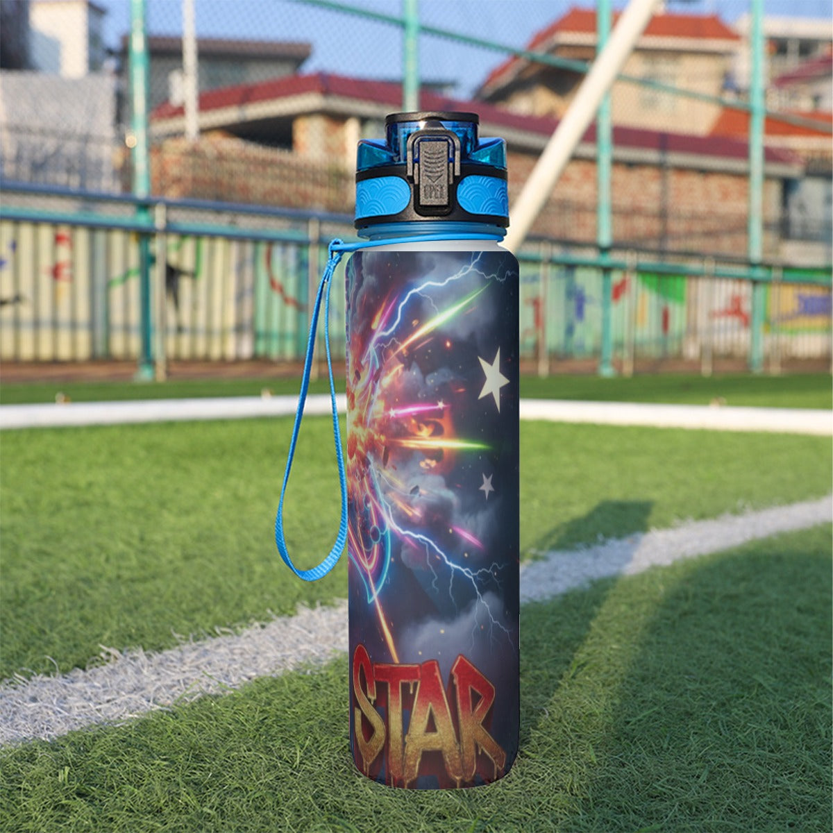 Borraccia sportiva da 32 oz con stampa Star e cinturino blu