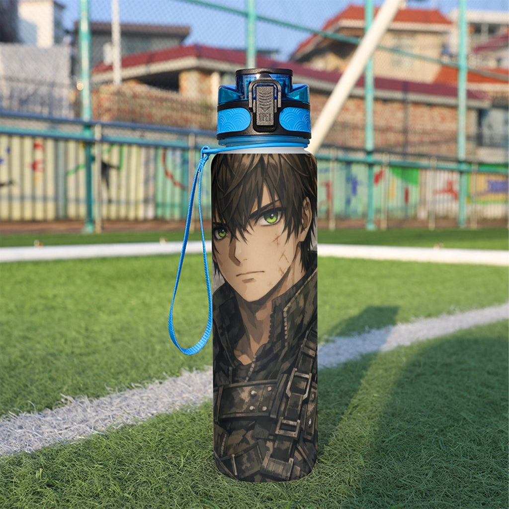 Borraccia sportiva 32 oz con tappo blu e volto grafico sul fronte