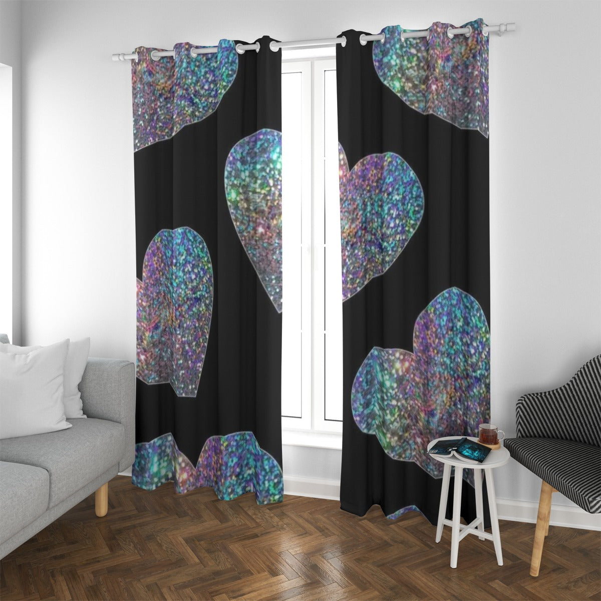 Tenda oscurante con occhielli, motivo a cuori multicolore su fondo scuro