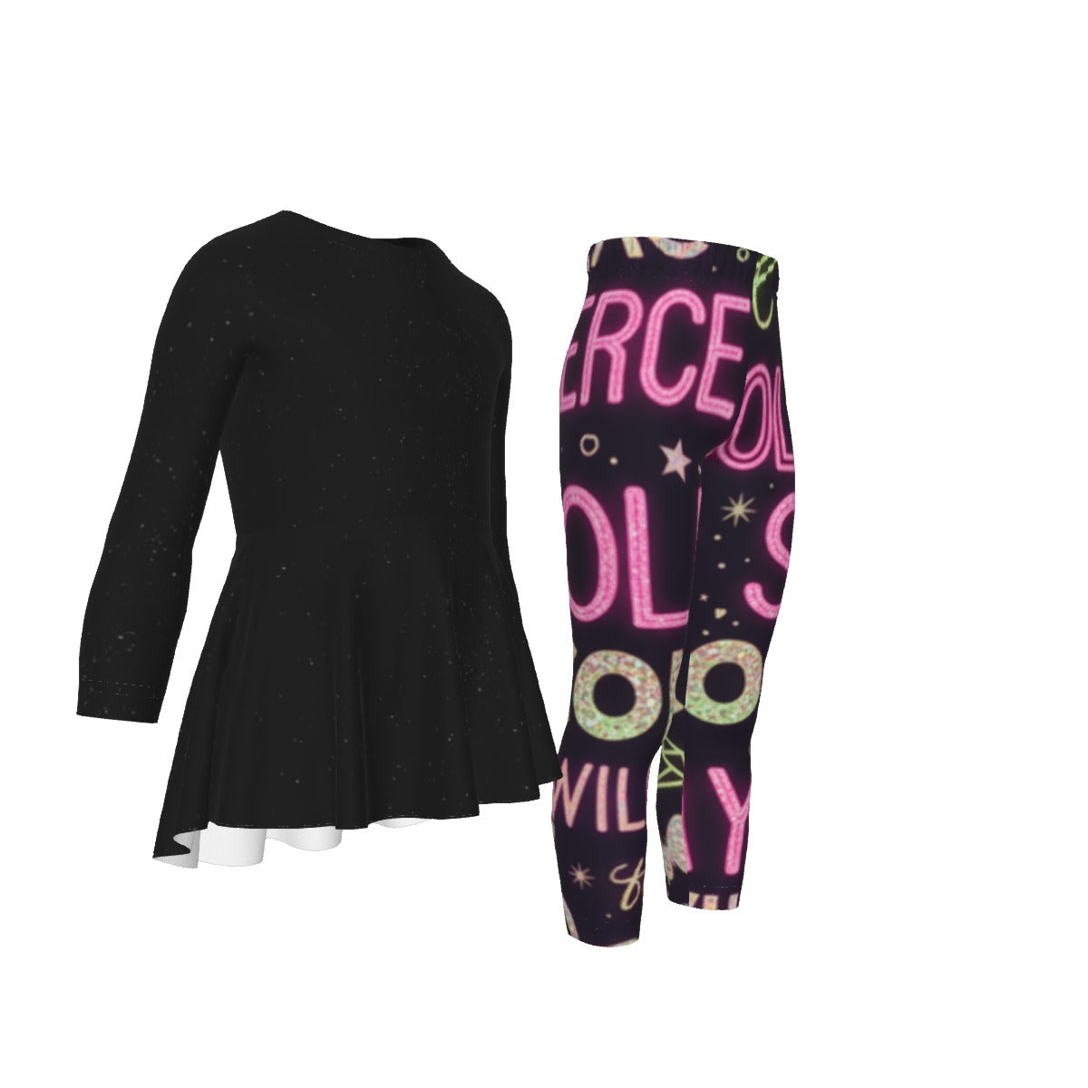 Tuta bimba: maglia nera svasata con leggings fantasia neon e scritte
