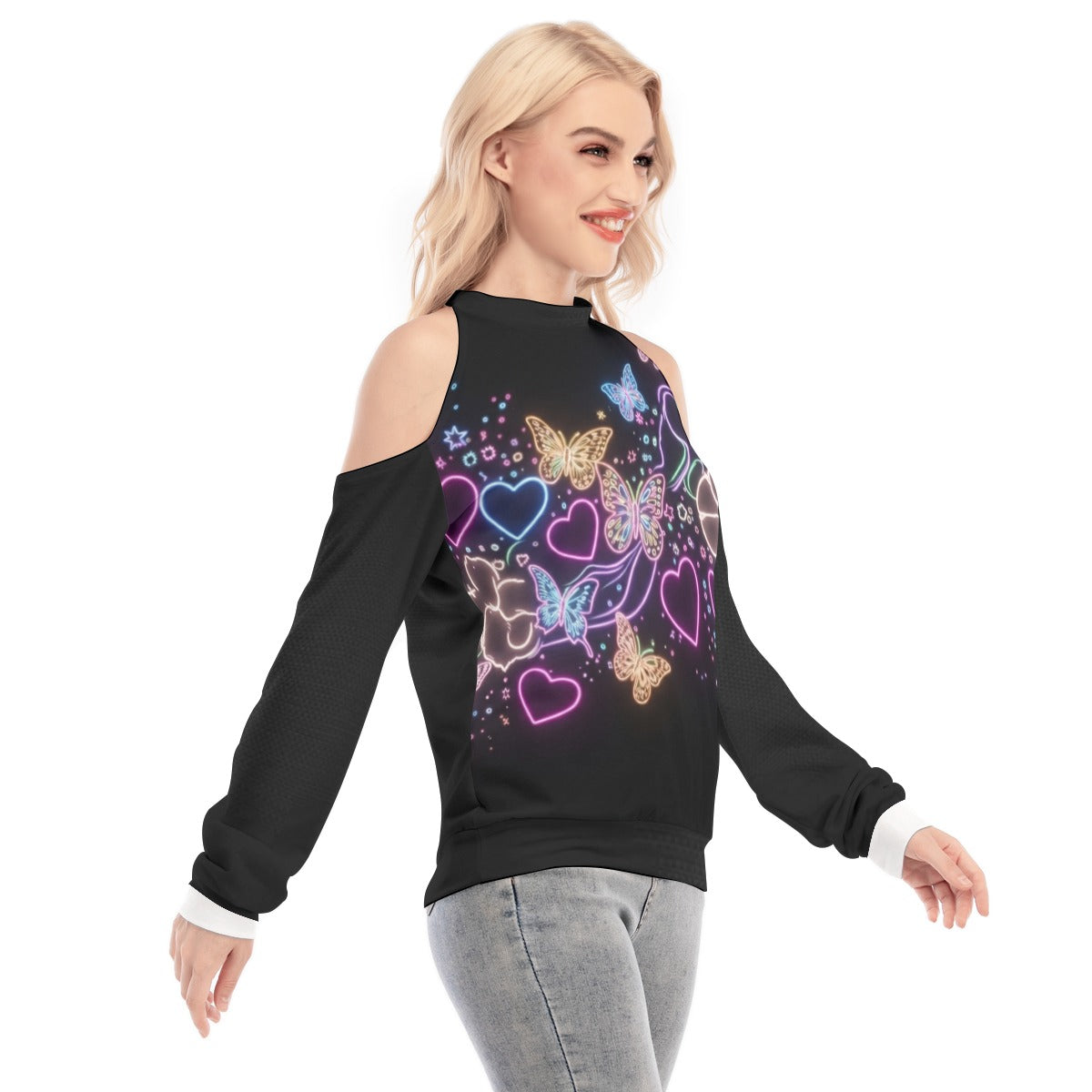 Felpa donna senza spalline nera con maniche lunghe, stampa cuori e farfalle colorate