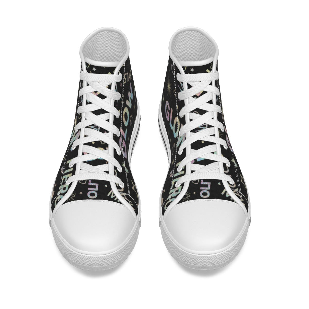 Scarpe da bambina in canvas nero, lacci bianchi, stampa multicolore e tiri alti.