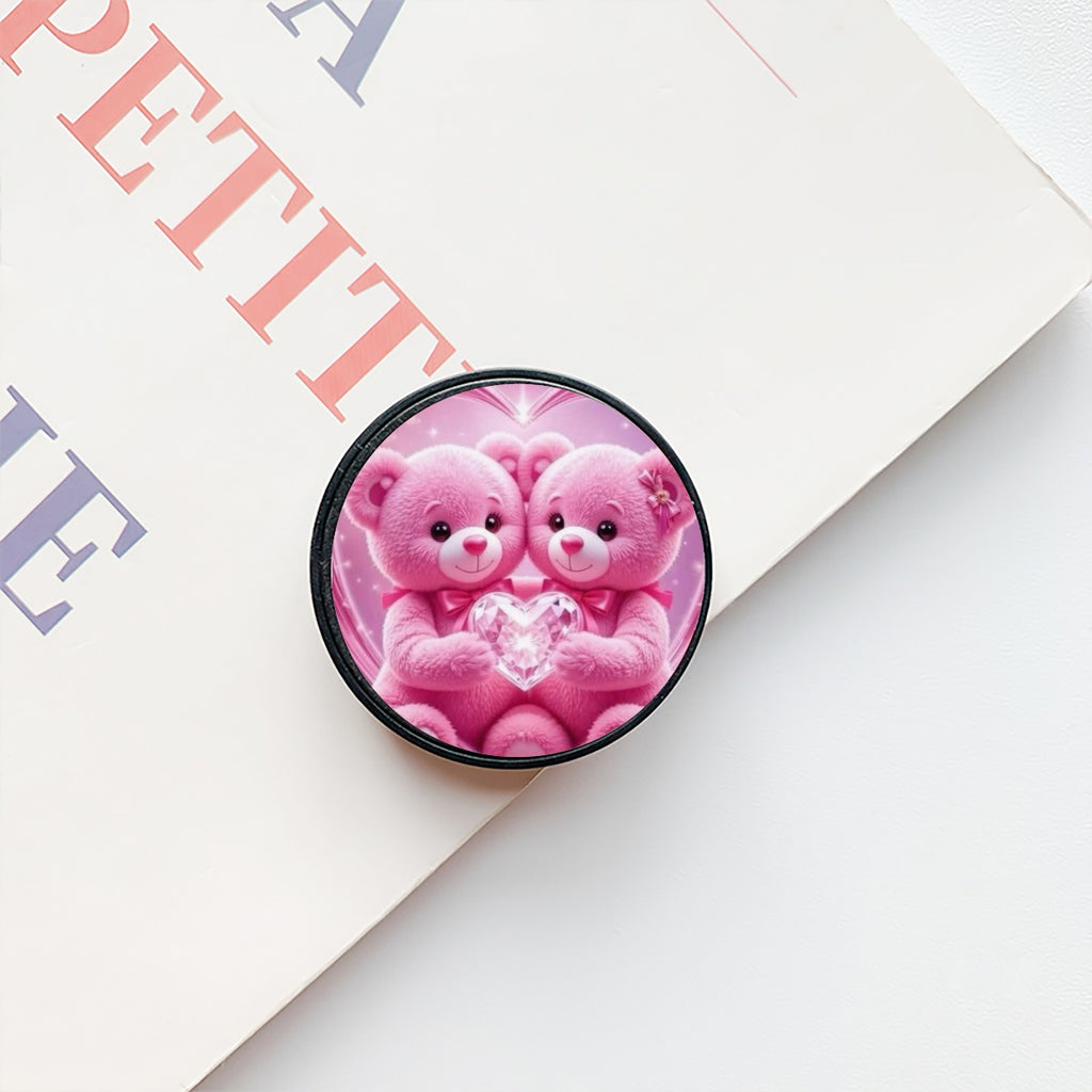 Supporto per telefono tondo rosa con orsetti cartoon e bordo nero