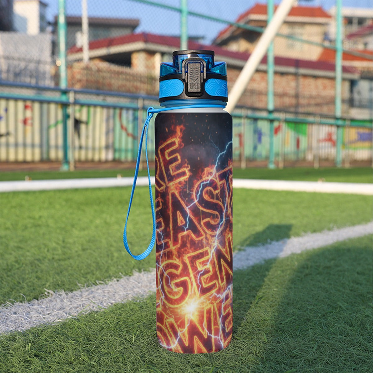 Borraccia sportiva 32 oz nera con tappo blu e graffiti luminosi arancioni, cinturino.
