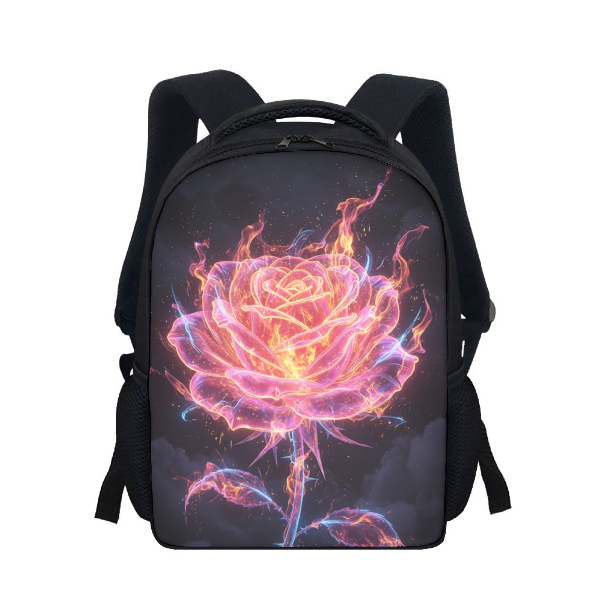 Black backpack with neon rose-flame graphic on front and adjustable shoulder straps