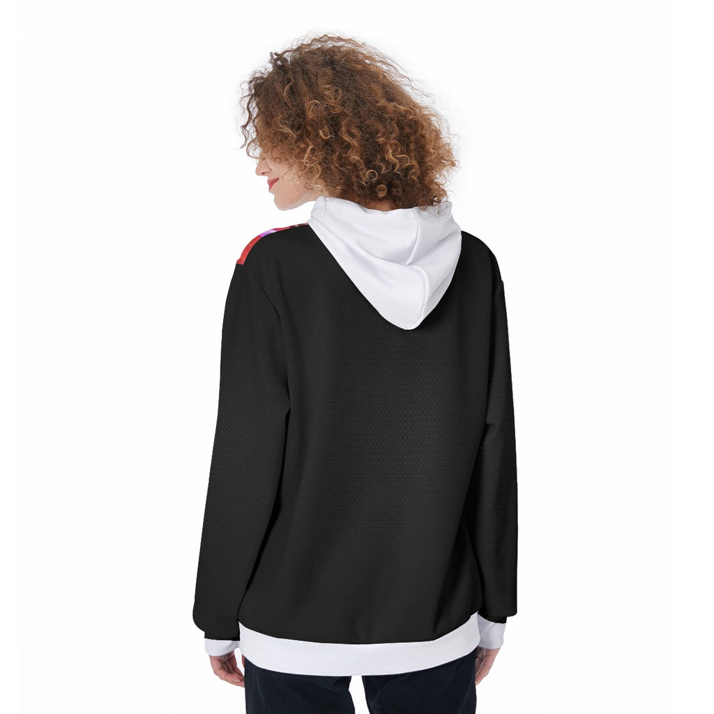 Felpa con cappuccio nera, cappuccio bianco e bordo inferiore bianco.