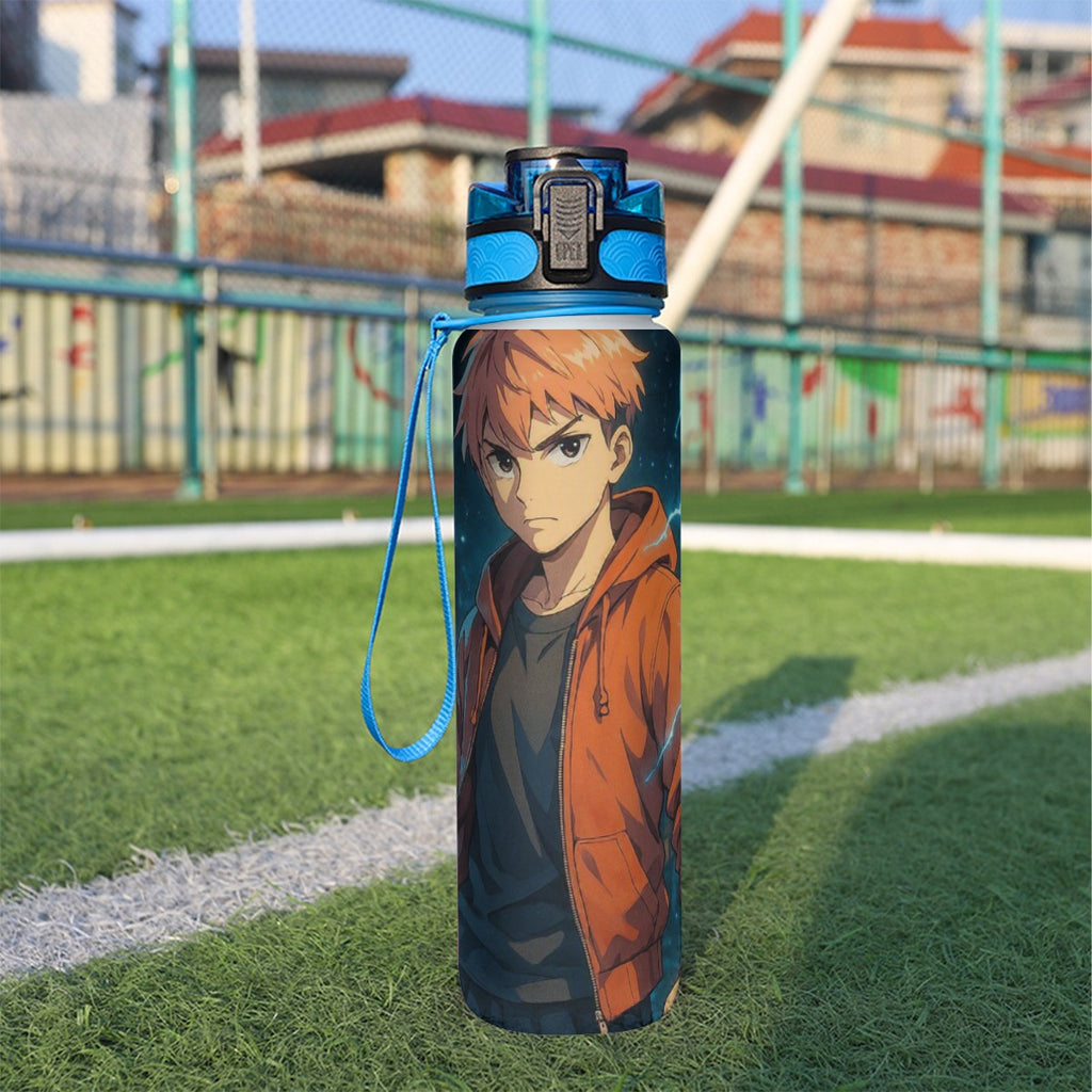 Borraccia sportiva 32oz blu con tappo e stampa anime sul davanti