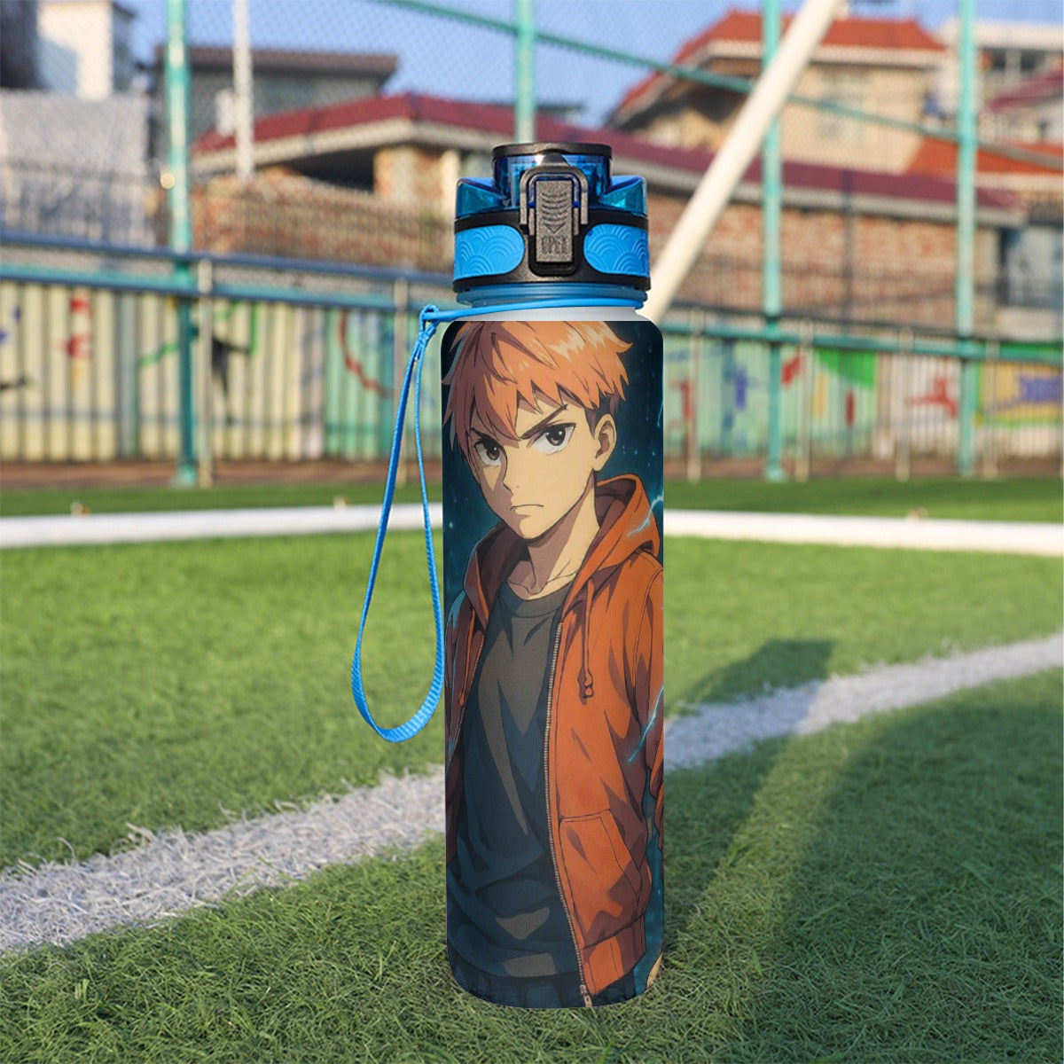 Borraccia sportiva 32oz blu con tappo e stampa anime sul davanti