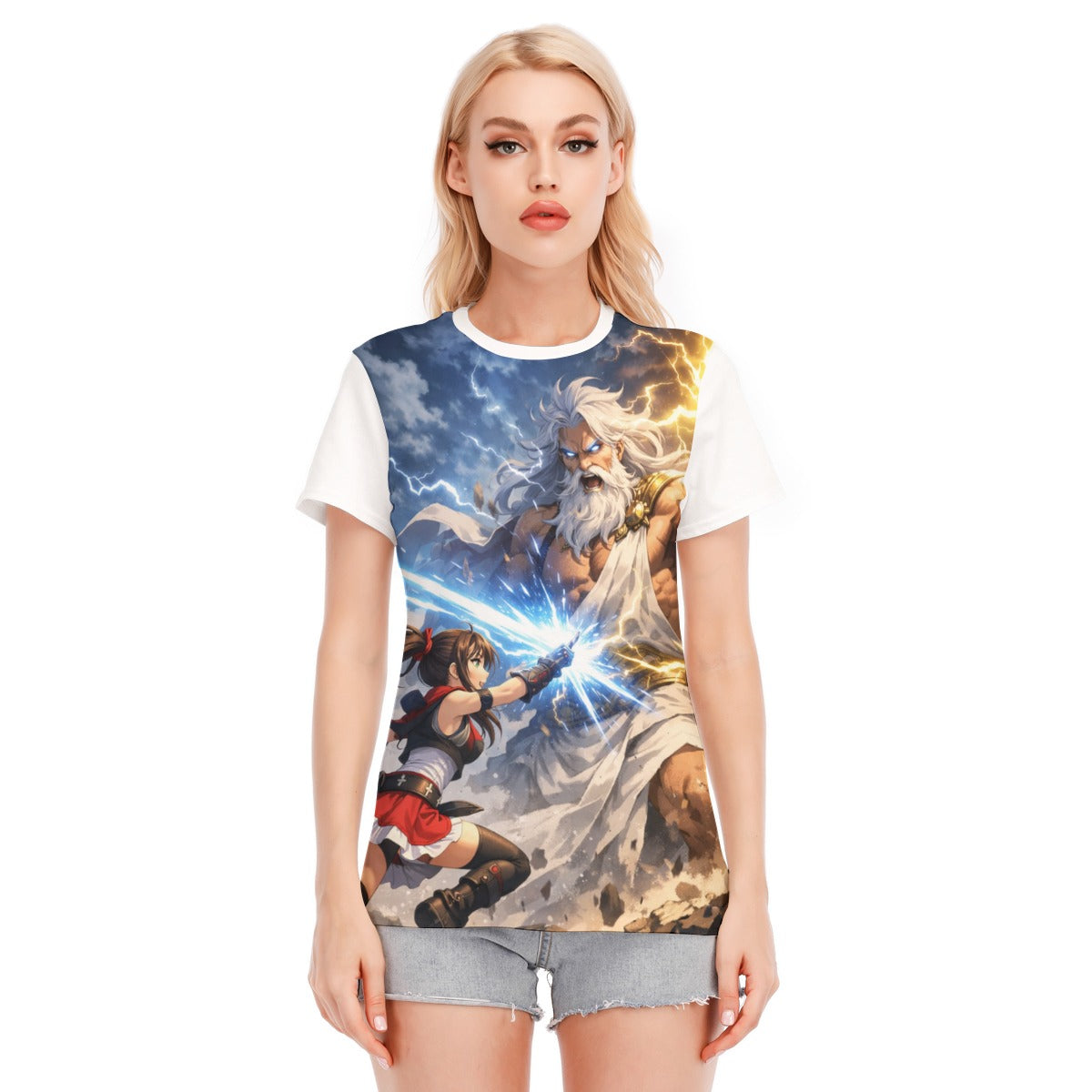 Maglietta donna bianca con stampa frontale fantasy, girocollo e maniche corte