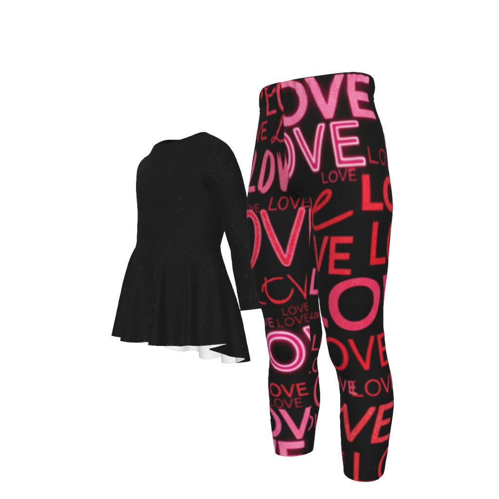 Tuta bambina con tunica nera e pantaloni LOVE rosa, vista tre quarti