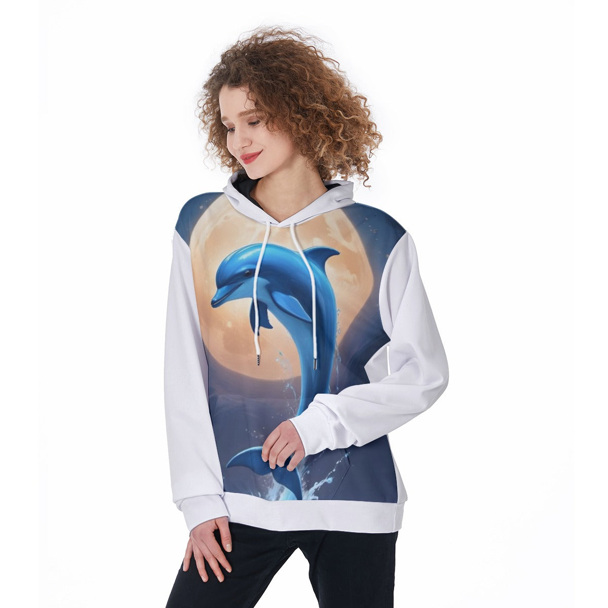 Felpa donna bianca con cappuccio e grafica blu frontale, coulisse al cappuccio