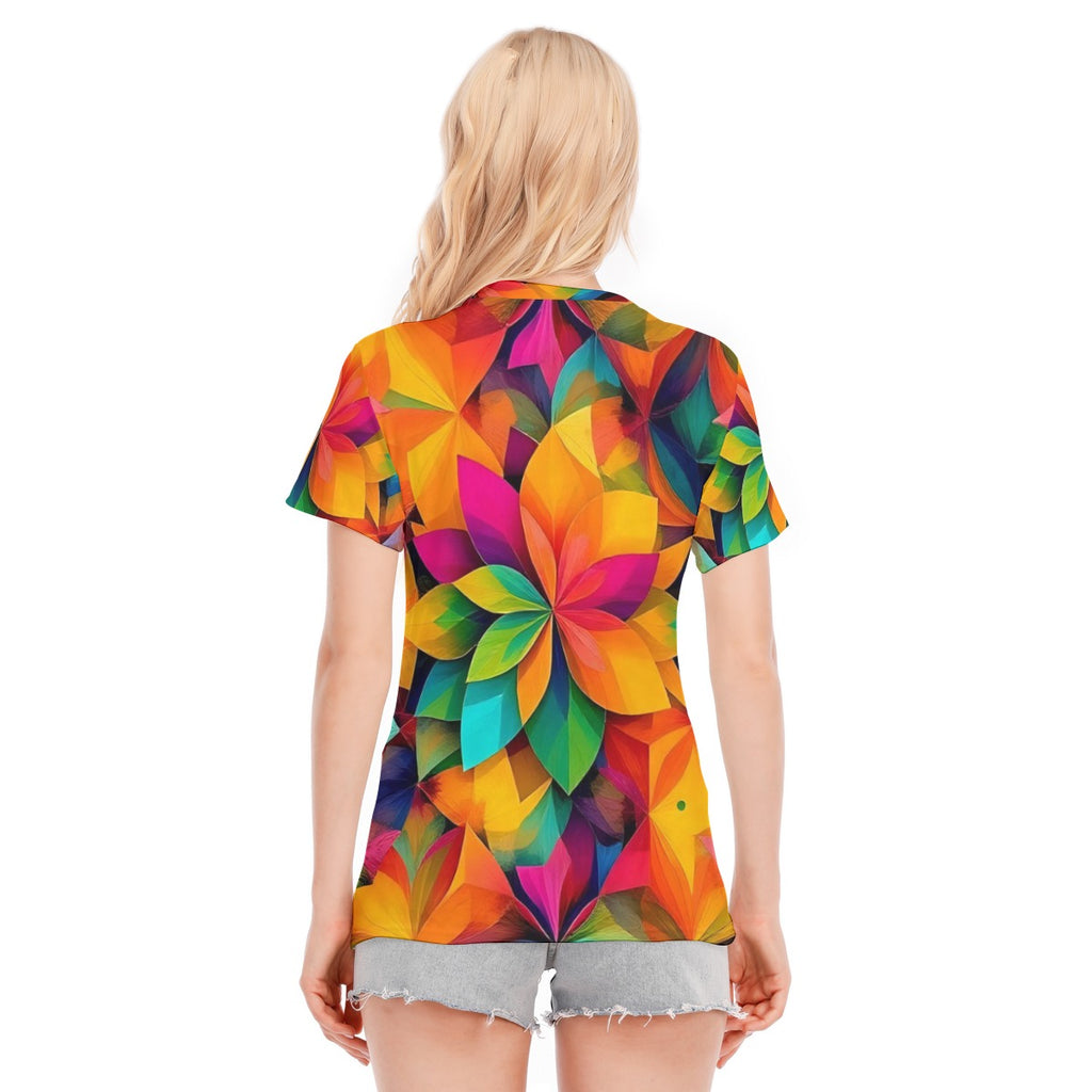 Maglietta da donna con stampa floreale multicolore sul retro, girocollo, maniche corte
