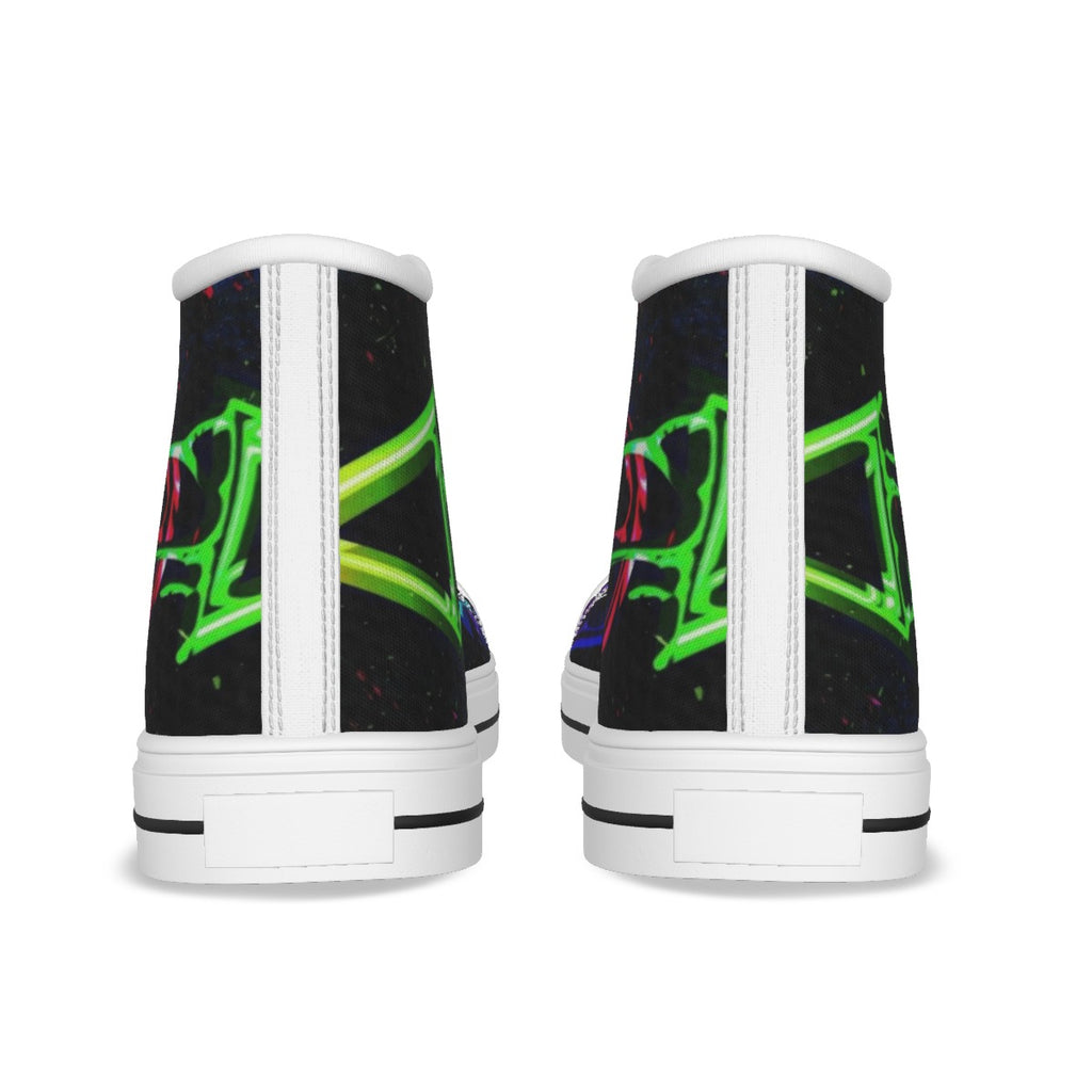 Scarpe alte bimbo viste dietro: tela nera con grafica neon, tallone bianco