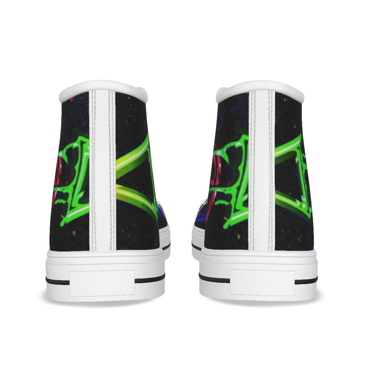 Scarpe alte bimbo viste dietro: tela nera con grafica neon, tallone bianco