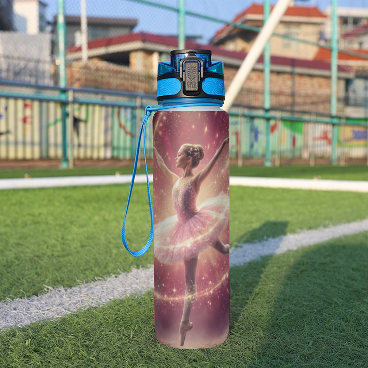 Borraccia sportiva 32 oz viola con figura nello spazio, tappo blu e laccetto